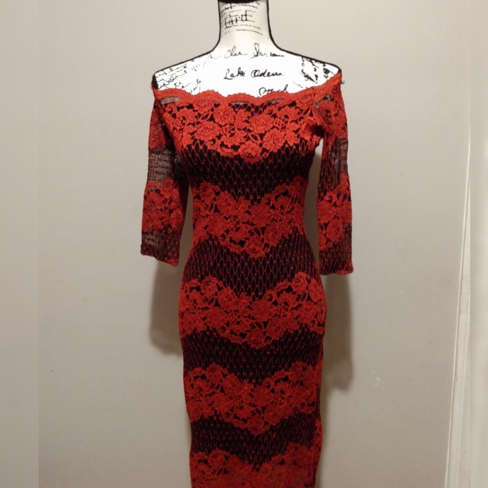 Red Lace Midi Dress